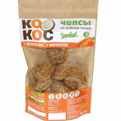 Чипсы из зеленой гречки с кокосом, морковью и коноплей, 90 гр.